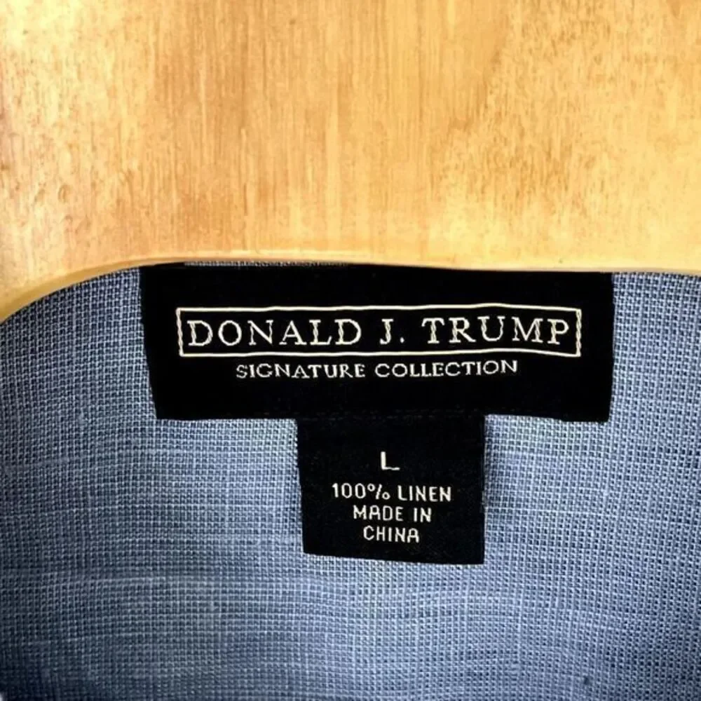 Donald J Trump Signature Collection Shirt L Blue Linen‎ Button Up Long Sleeve